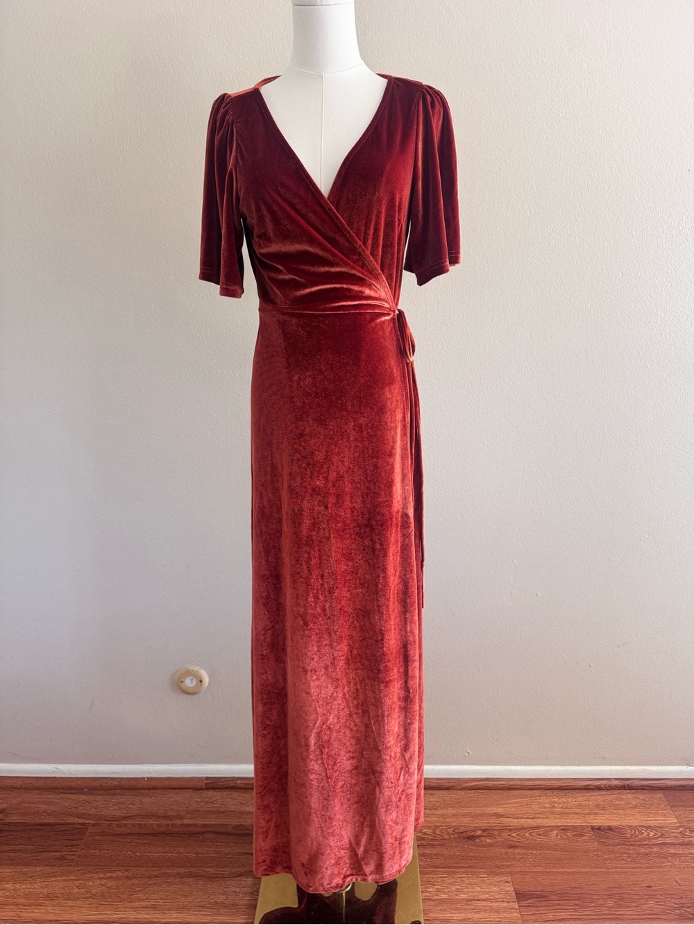 Women’s Wrap Velvet Maxi Dress in Copper Brown